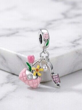 Sterling Silver Pink Floral Basket Dangle Charm